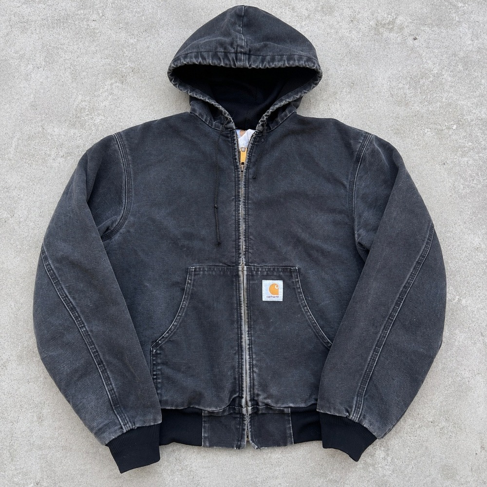 Vintage Carhartt Jacket Faded Black Duck Canvas Thermal Lined Hooded Workwear M